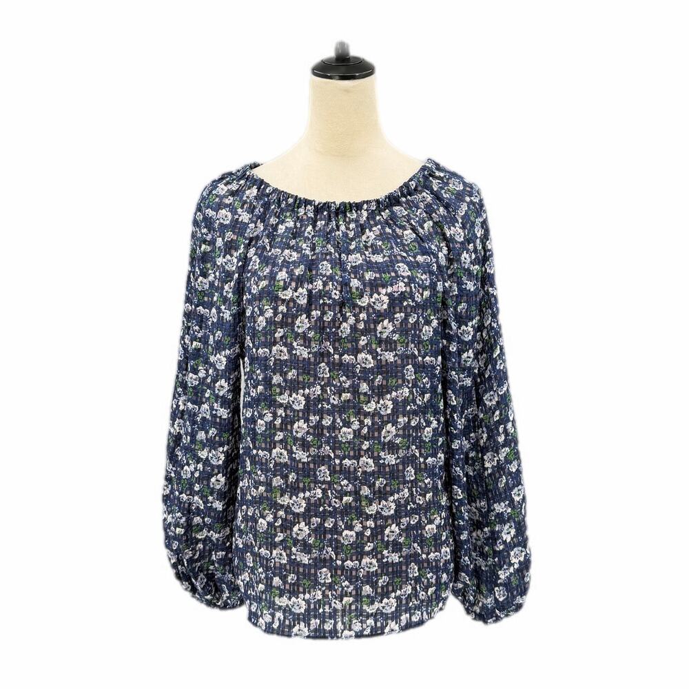 Pearl by Lela Rose Blue Plaid Floral Crepe Sheer Long Sleeve Tie Blouse Top